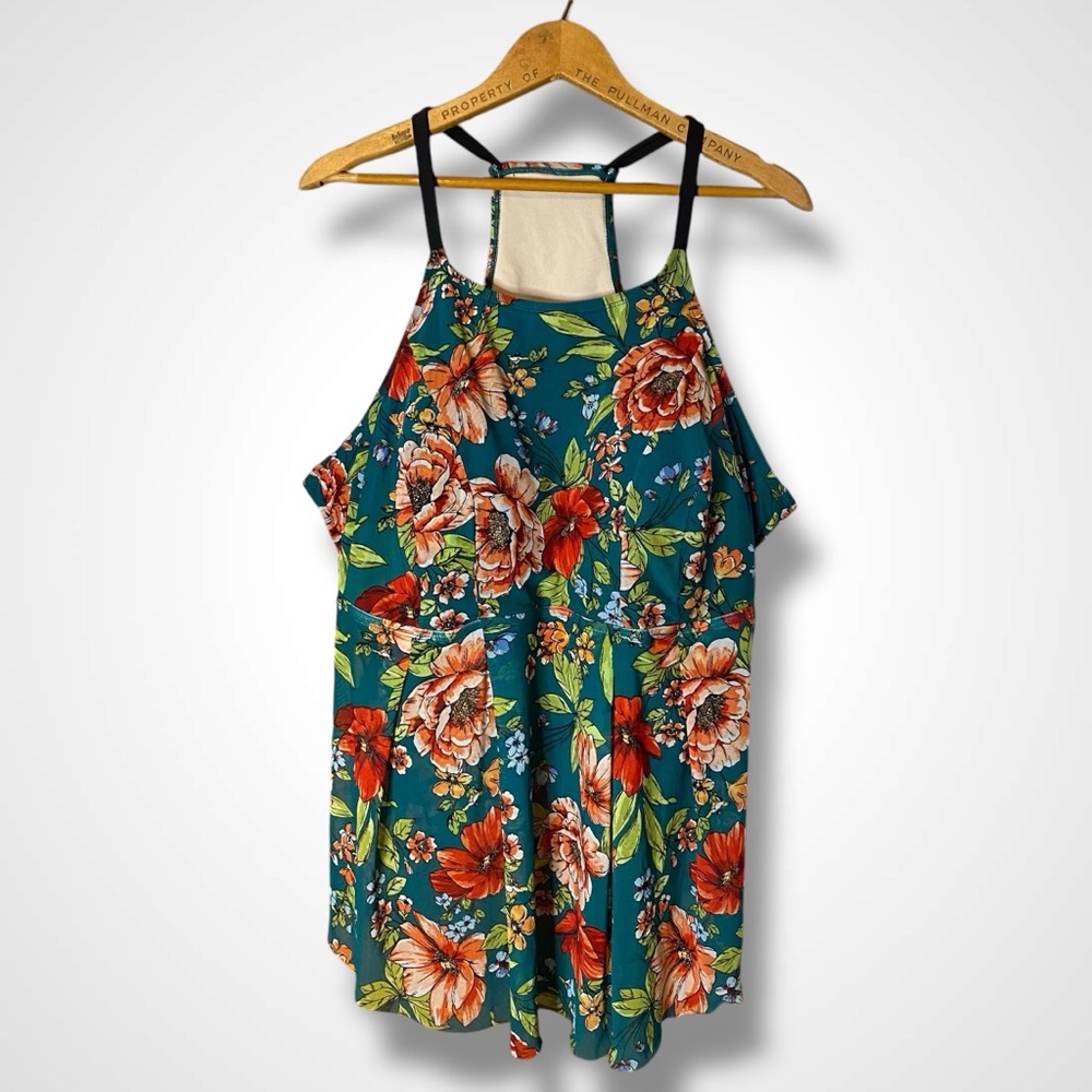 Kona Sol Plus Size Green Floral Mesh Flouncy Padded Swimsuit Top Size 26W